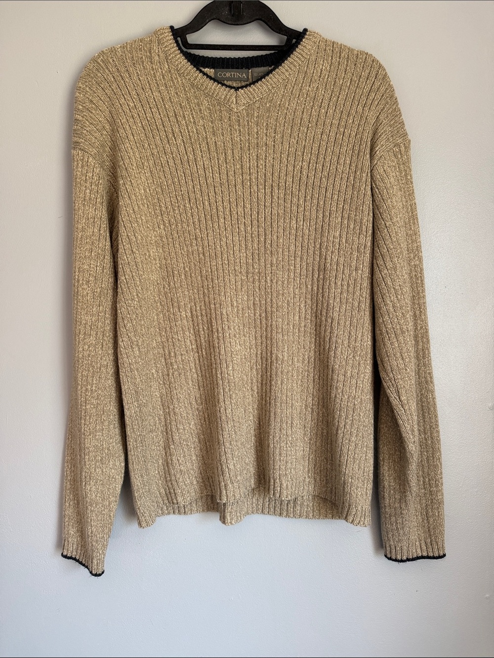 Vintage Cortina Casual Cozy Soft Ribbed V-Neck Knit Pullover Sweater Beige/Tan